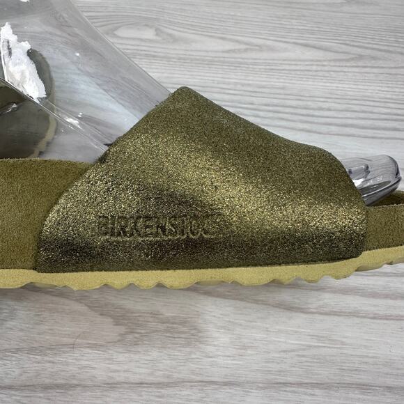 Birkenstock Vaduz Slide Sandals Sz 38 Gold Metallic Suede Leather Slip On Buckle - Picture 7 of 9